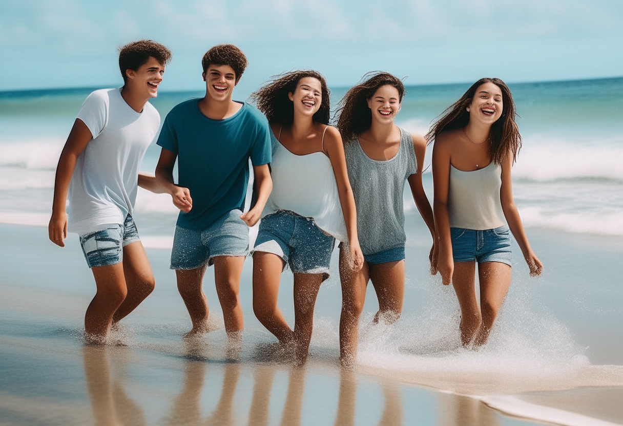 A sandy beach with crystal clear blue water and waves crashing on the shore. There are 3 teenage boys and 3 teenage girls walking along the water's edge. The teenagers are happy and laughing together.