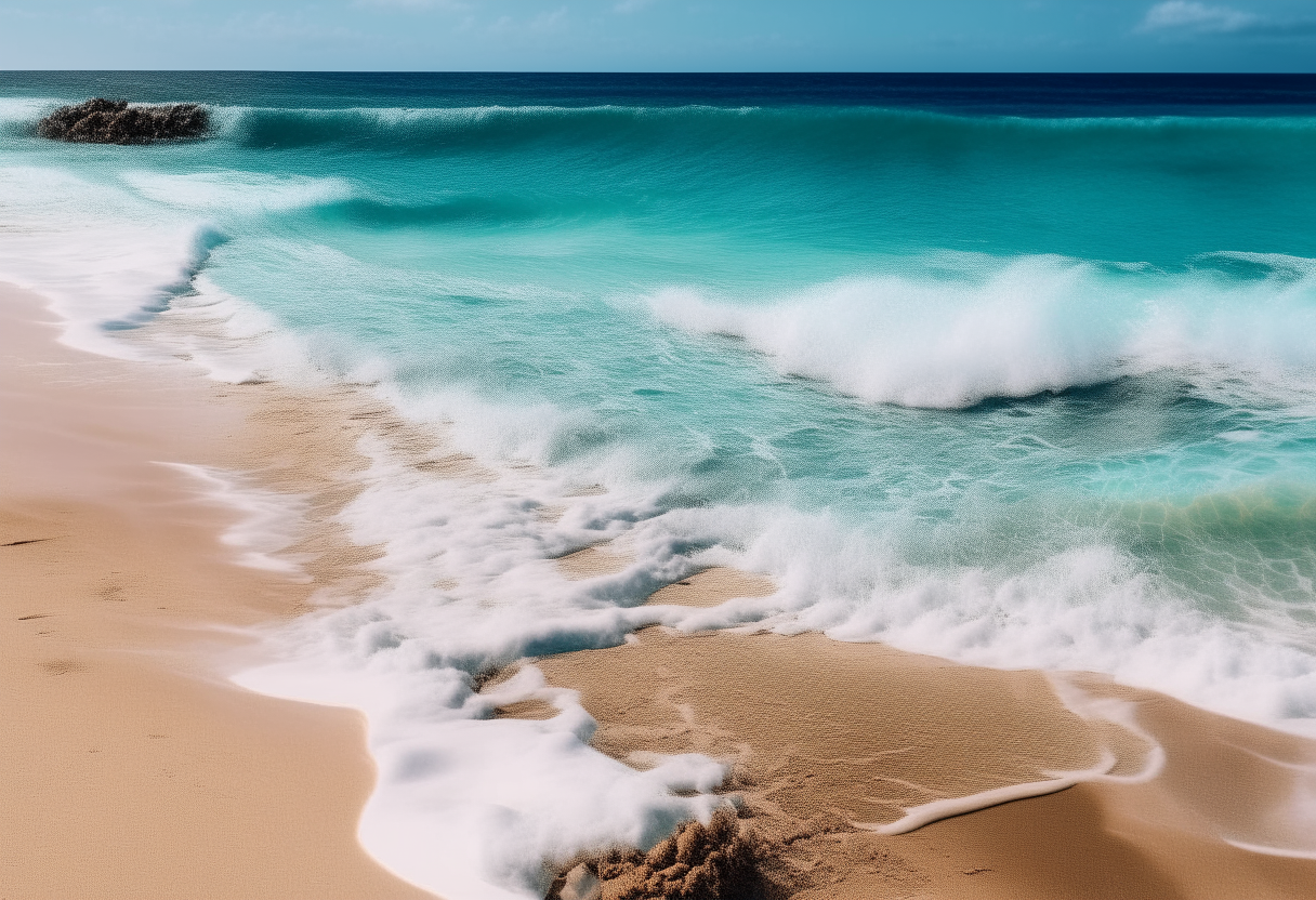 a beautiful sandy beach with blue water and waves crashing on the shore