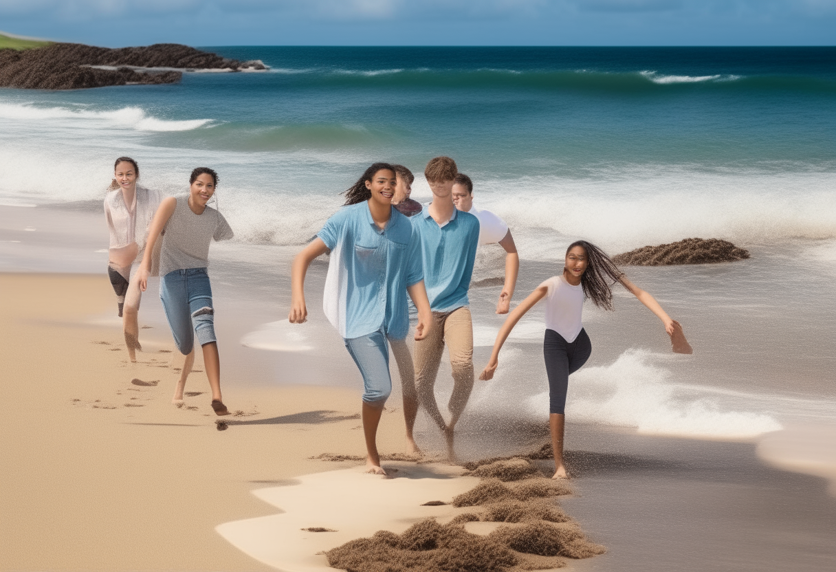 6 mixed race teenagers, 3 boys and 3 girls, walking along a beautiful sandy beach with blue water and waves crashing on the shore