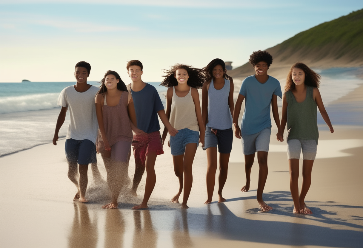 A group of 6 mixed race teenagers, 3 boys and 3 girls, walking barefoot along a beautiful sandy beach with waves crashing on the shoreline and blue ocean water extending to the horizon, soft sunlight, photo