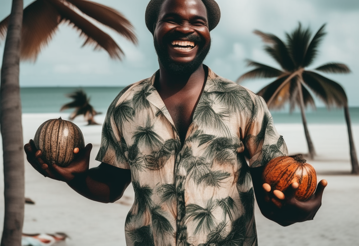 A black coconut seller standing on the beach from the previous image, holding coconuts in his arms, wearing a tropical printed shirt, smiling