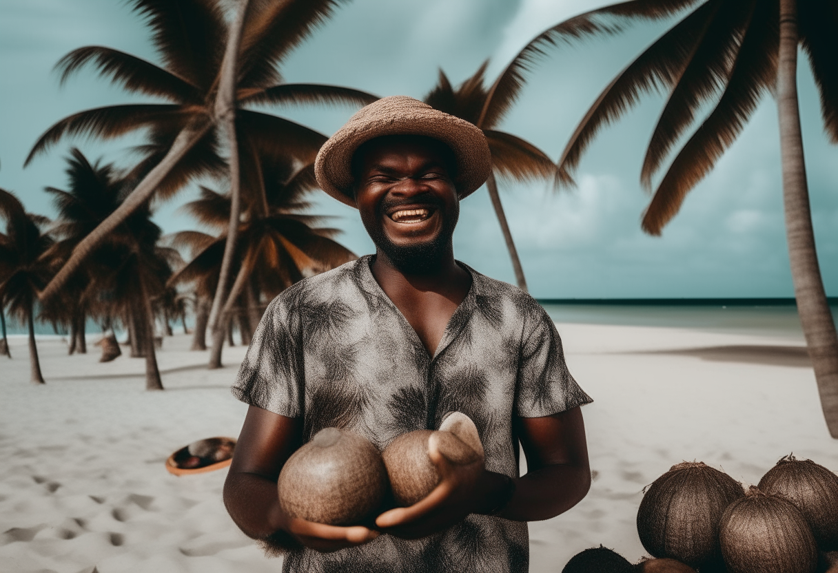 The previous beach scene with a black coconut seller holding coconuts, smiling, with many coconut trees added behind him and coconuts scattered across the sand