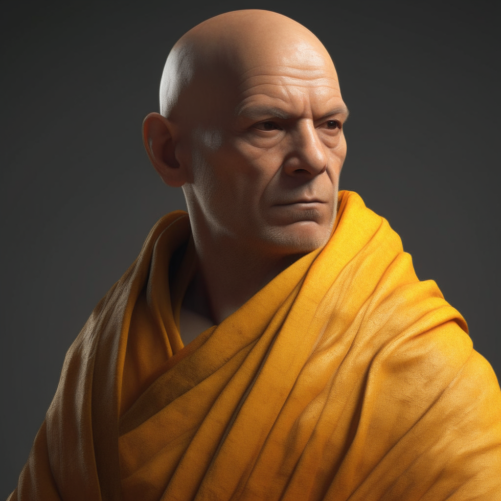 At its center stands a weathered monk, draped in saffron robes that seem to blend harmoniously with the earth around him.