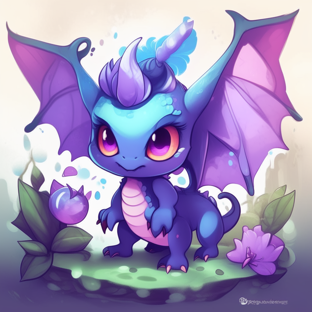 Combine all the elements below to create a cute Pokemon-style deformed character.

Pokemon, Dragonfairy, normal, dragon, fairy, beautiful, appearance, slender, blue, shiny, eyes, purple, sharp, horn, magic, wings, pink, membrane, gentle, peaceful, elegant, graceful, movement, vegetarian, fruit, flower, protection, nature, mysterious, existence, mystical, agile, sensitive, scales, luminous, tail, feather, graceful, quiet, friendly, respectful, culture, fantasy, legends, mythology, honor, wishes, people, loved. photorealism, octane render