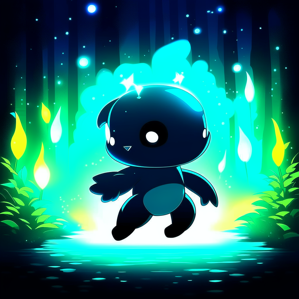 Combine all the elements below to create a cute Pokemon-style deformed character.

Noirghost, unique, rare, mist, transparent, armor, flexible, beautiful, stunning, sparkling, constellation, night, dark, cave, forest, magical, fantasy, eerie, mysterious, hovering, floating, surprise, confusion, dark magic, enemy, capture, special, abilities, defensive, offensive, beautiful, appearance, swimming, glowing, shining, luminescent, rare, enchanting, alluring, bewitching, ethereal, fascinating, intriguing, mesmerizing, mysterious, radiant, splendid, captivating, dazzling, hypnotic, resplendent, sublime.