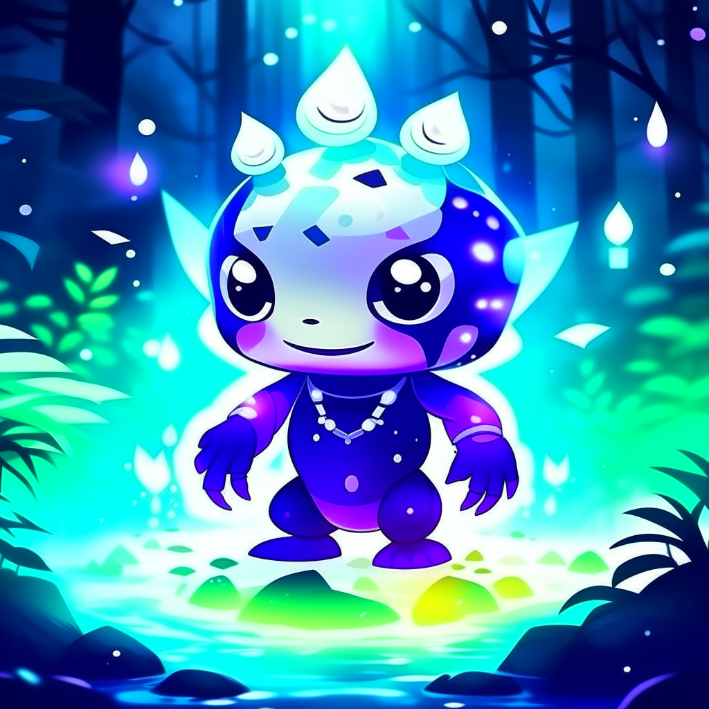 Combine all the elements below to create a cute Pokemon-style deformed character.

Noirghost, unique, rare, mist, transparent, armor, flexible, beautiful, stunning, sparkling, constellation, night, dark, cave, forest, magical, fantasy, eerie, mysterious, hovering, floating, surprise, confusion, dark magic, enemy, capture, special, abilities, defensive, offensive, beautiful, appearance, swimming, glowing, shining, luminescent, rare, enchanting, alluring, bewitching, ethereal, fascinating, intriguing, mesmerizing, mysterious, radiant, splendid, captivating, dazzling, hypnotic, resplendent, sublime.