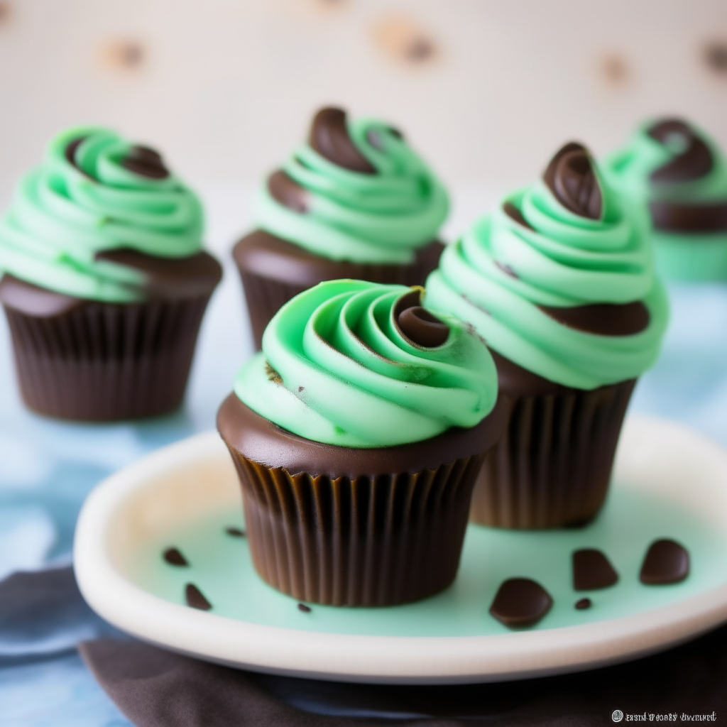 Mint chocolate chip cupcakes with green and brown swirl frosting on a white plate, brightly lit from the side, razor sharp focus