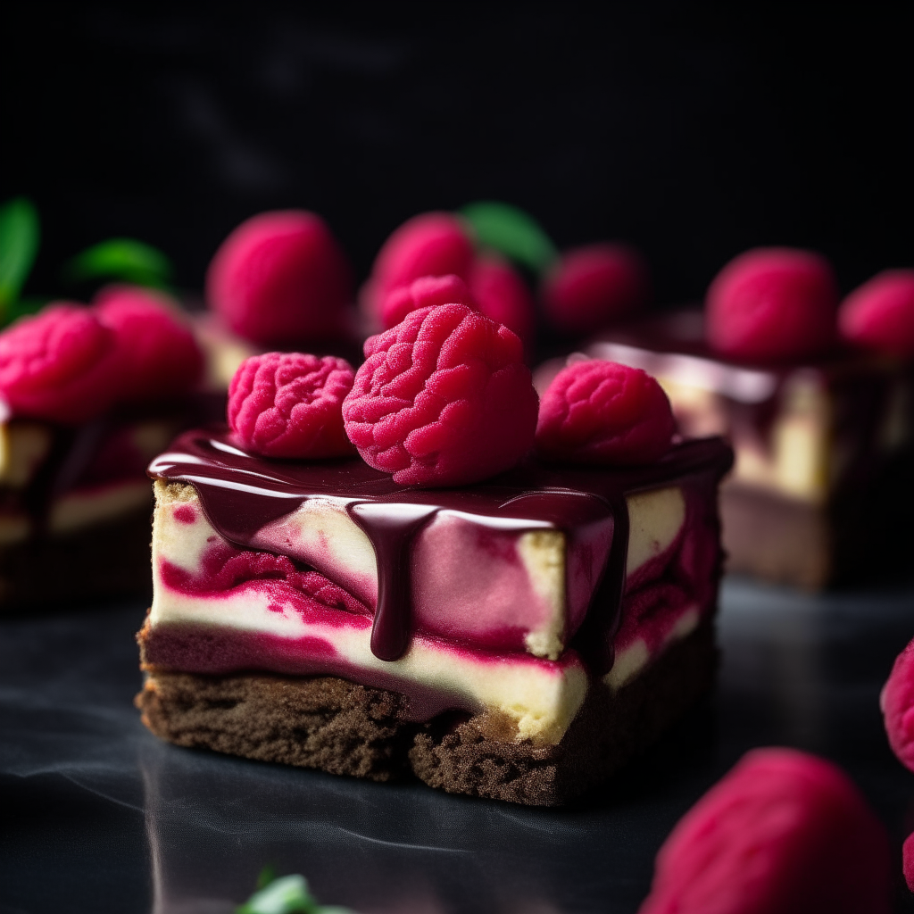 Raspberry cheesecake swirl brownies, extremely sharp focus, bright studio lighting, beautifully decorated