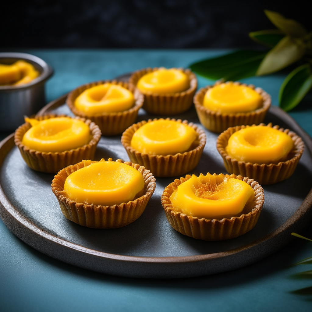 Whole tropical coconut mango tarts on a tray, sharply focused in clean studio with excellent lighting