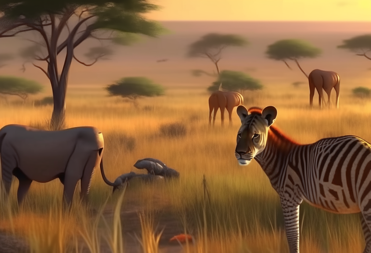 Nice painting of wild animals in the savannah 4k,cinematique ultra realiste”