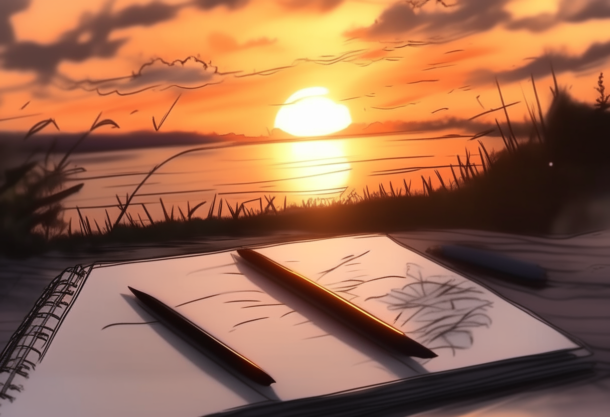 Beautiful drawings on a sunset notebook 4k cinematique ultra realiste 