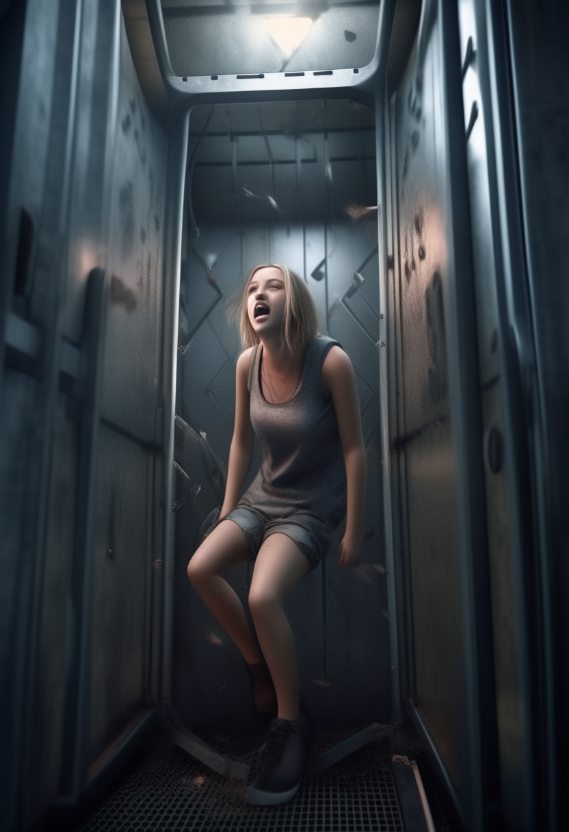 A pretty girl in a miniskirt, sitting, inside a metal elevator with broken walls, screaming, 4k, realistic