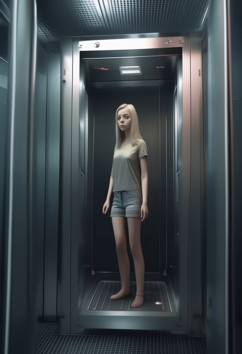 
A pretty girl, in a miniskirt, inside a metal elevator, touching the button box to go up the floor, 4k, realistic