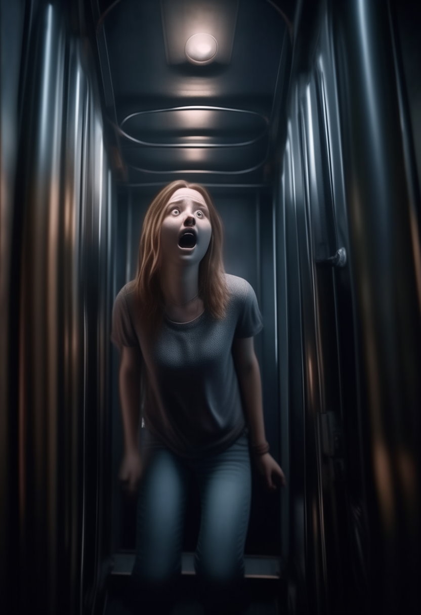 A pretty girl, in a miniskirt, inside a metal elevator, touching, screaming, afraid, 4k, realistic