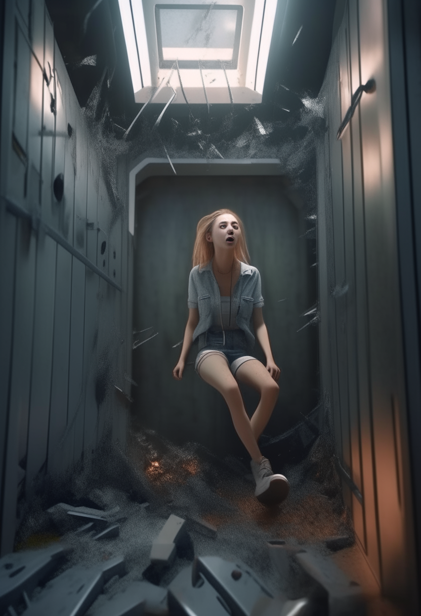 
A pretty girl in a miniskirt, sitting on the floor, inside a metal elevator with very broken walls, screaming, 4k, realistic