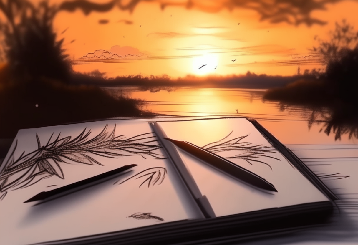 Beautiful drawings on a sunset notebook 4k cinematique ultra realiste 