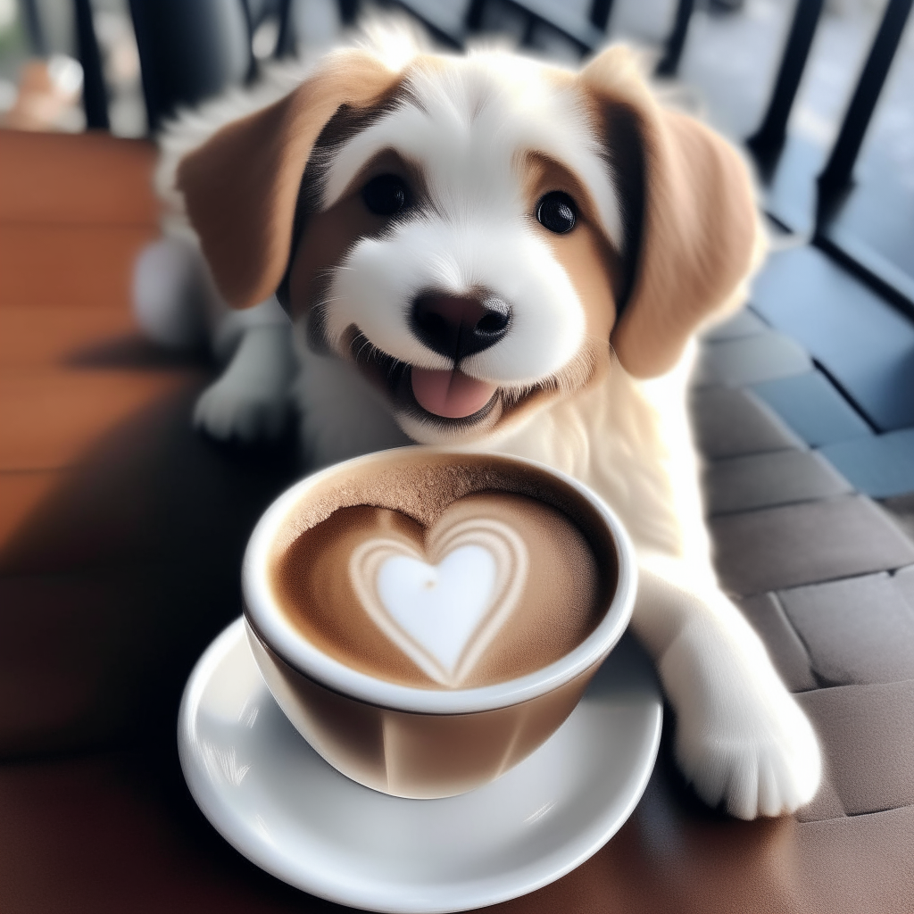 a happy puppy drinking a latte with heart-shaped foam art