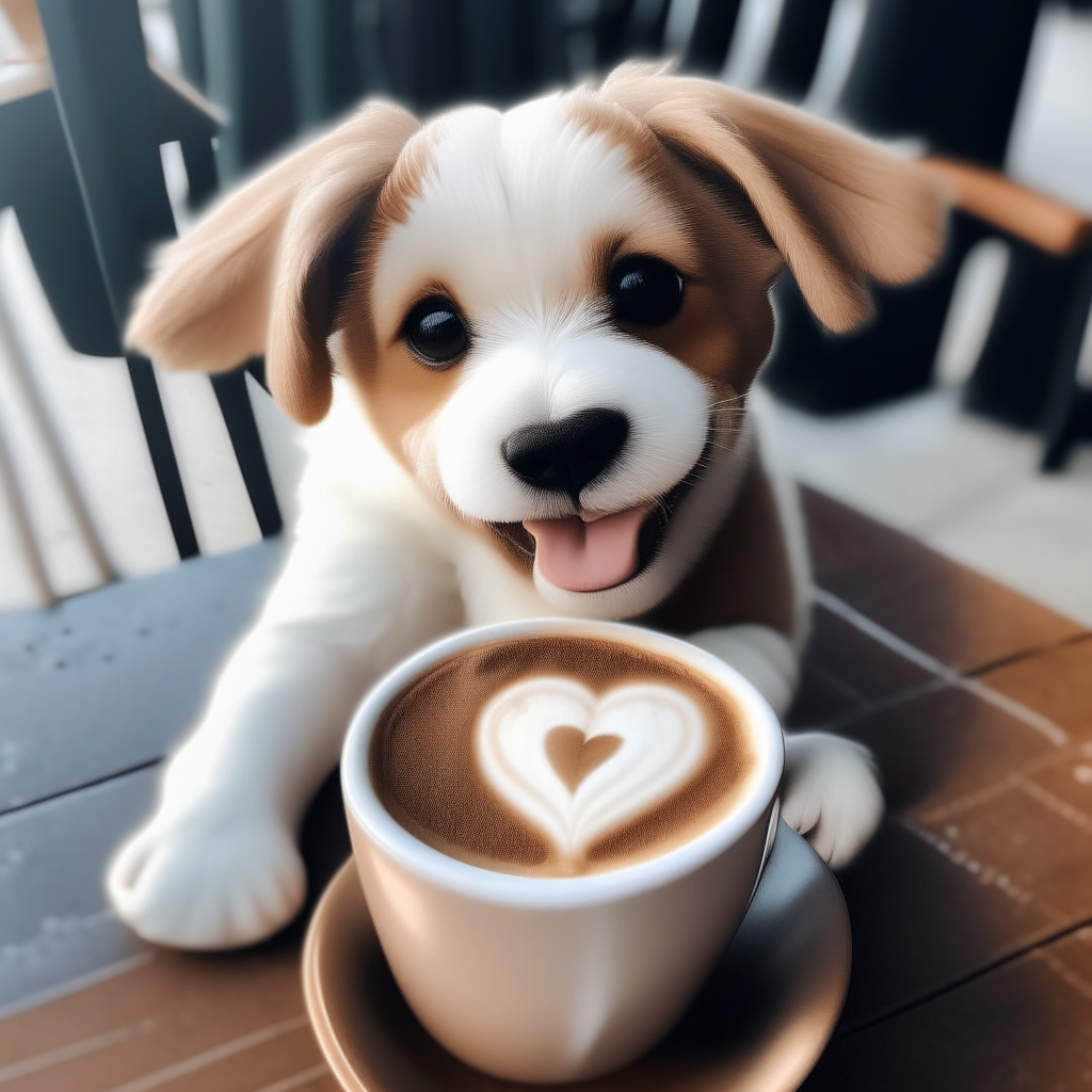 a happy puppy drinking a latte with heart-shaped foam art