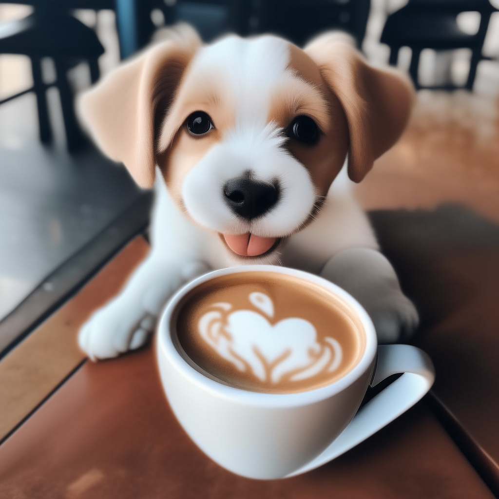 a happy and cute puppy dog drinking a latte coffee with heart shaped foam art on top