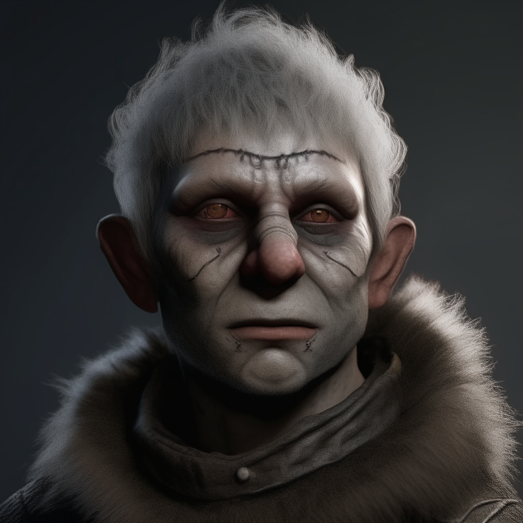 small man with ashen skin, wide face, silver fur, and black pupilless eyes
