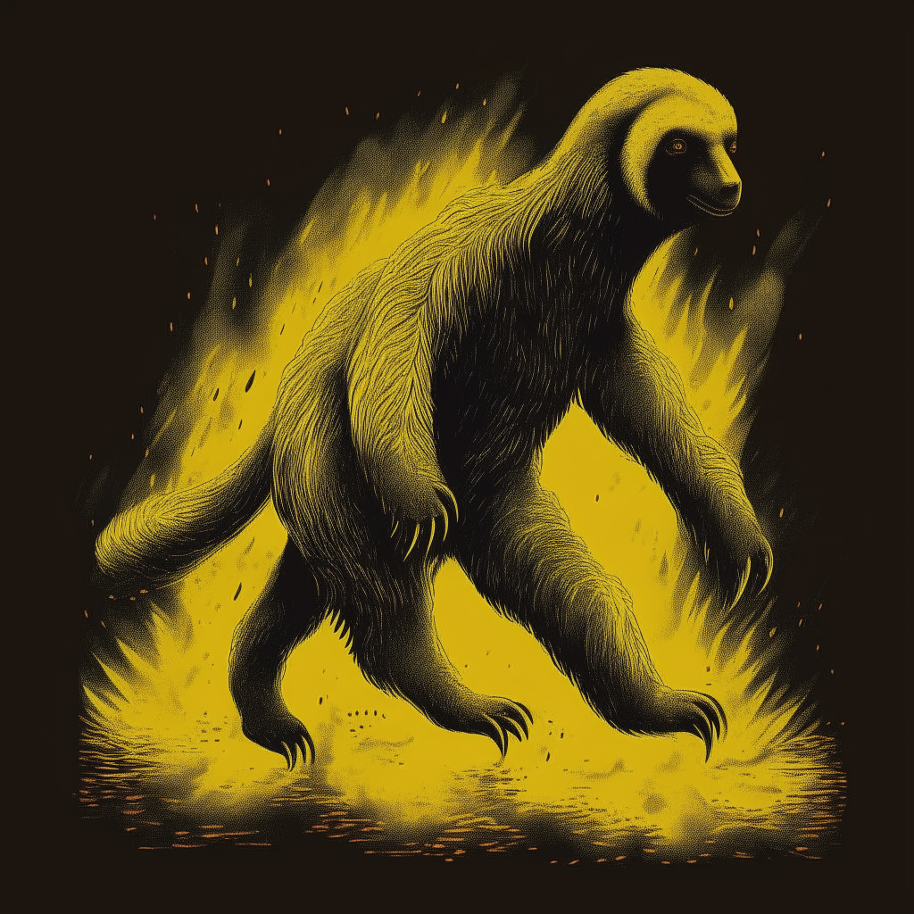 giant sloth walking through black and yellow flames