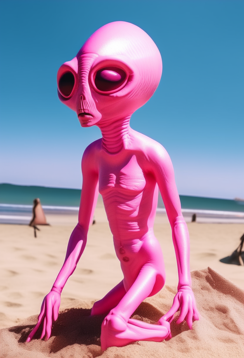 A pink alien taking the sun in topless on the beach