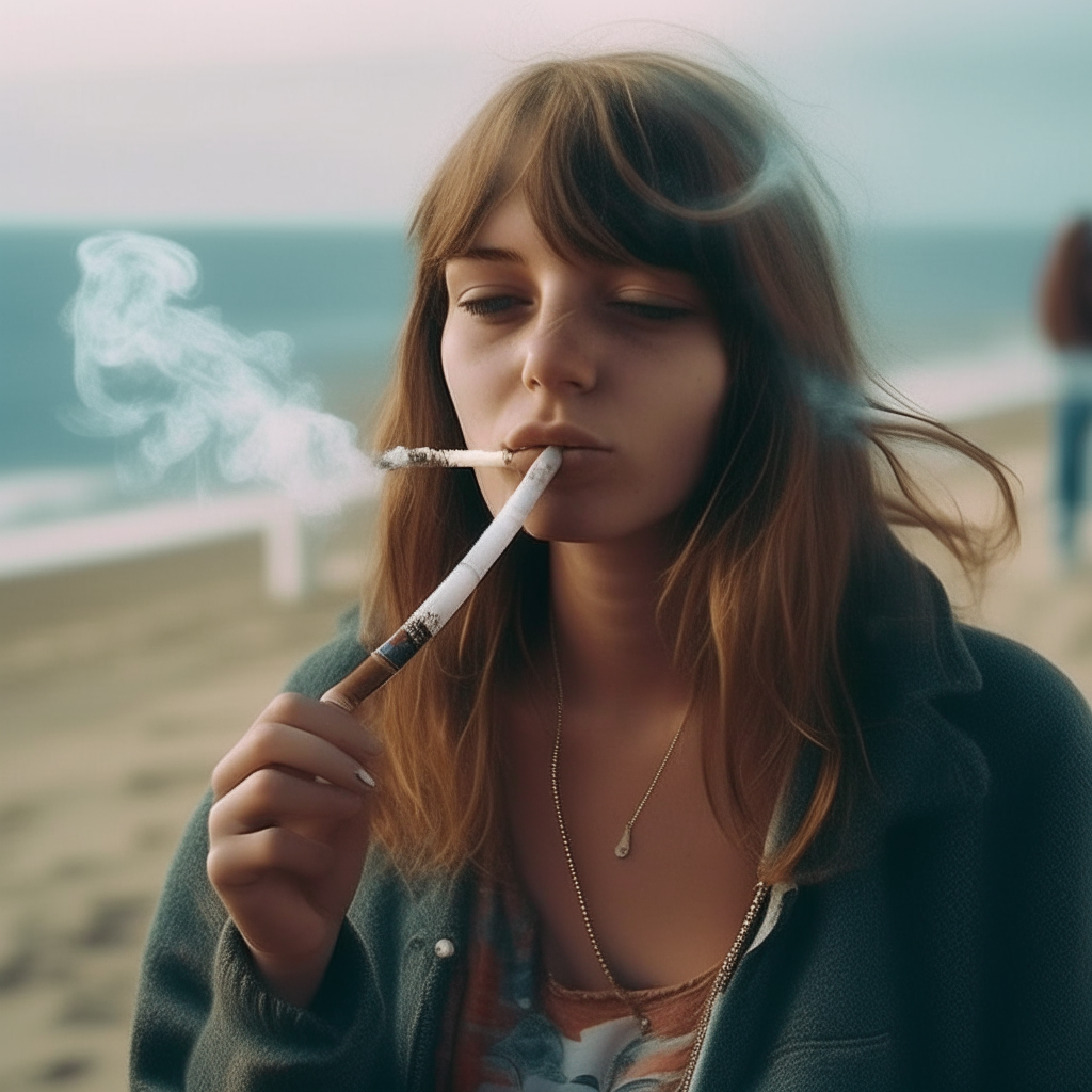 Recorded with analog camera. A girl smoking a blunt on the beach