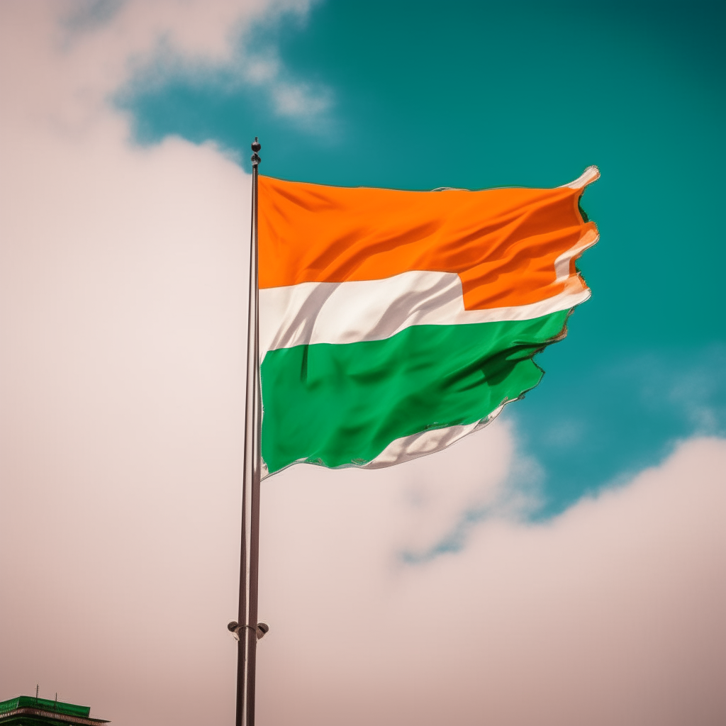 the tricolour flag stands tall and proud against a clear sky. The saffron, white, and green stripes are vivid and vibrant, reflecting the essence of the nation's journey to independence.