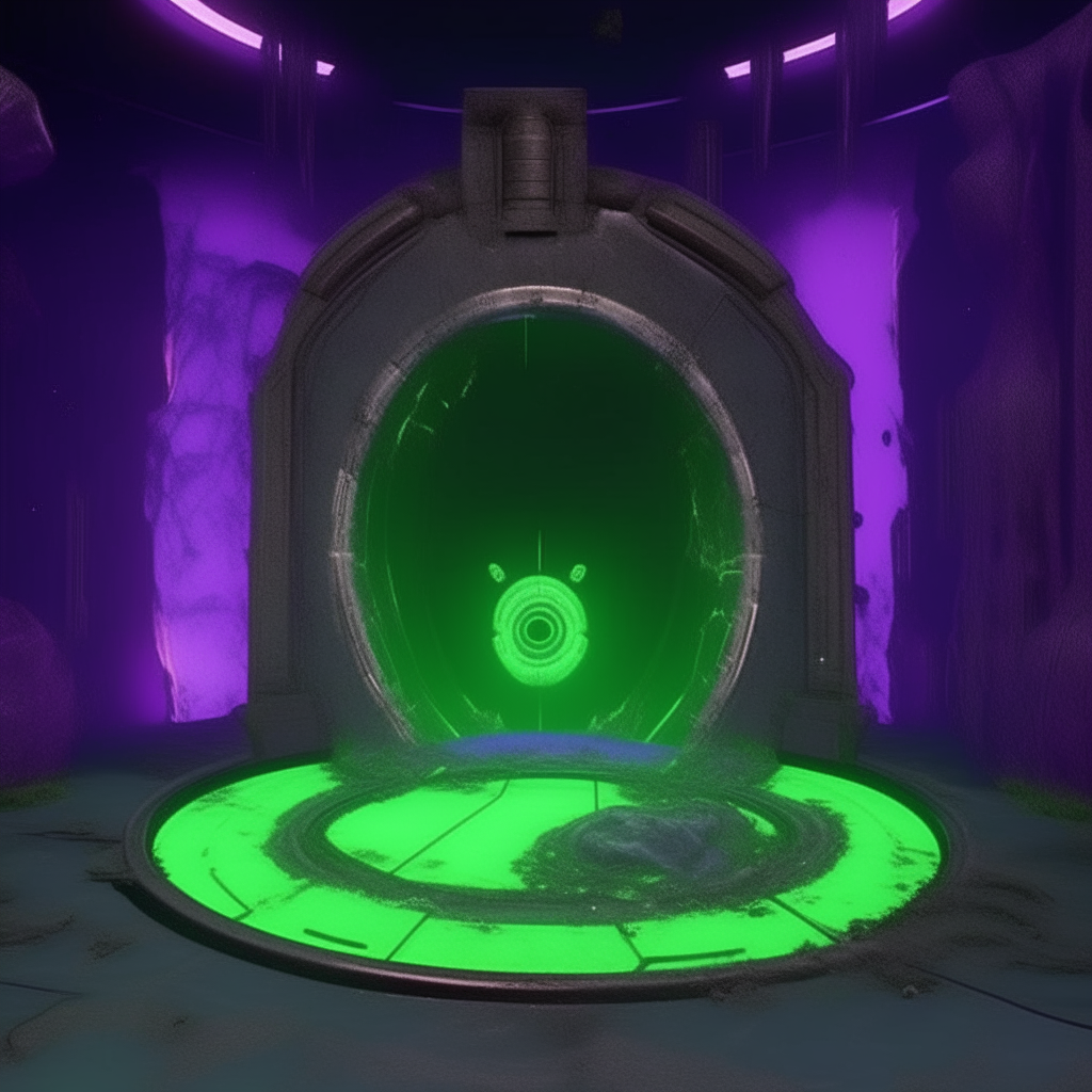 Fallout 76 style nether portal, green slime science lab enclave, purple swirling energy portal vortex, 