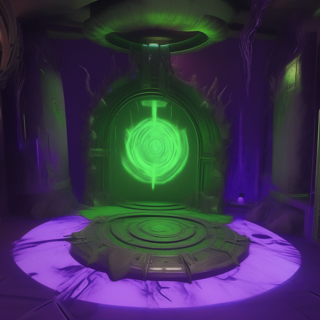 Fallout 76 style nether portal, green slime science lab enclave, purple swirling energy portal vortex, Mad  scientist making nether portals