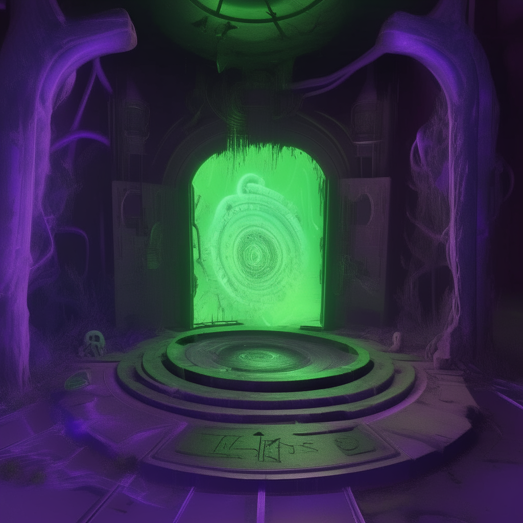 Fallout 76 style nether portal, green slime science lab enclave, purple swirling energy portal vortex, Mad  scientist making nether portals
