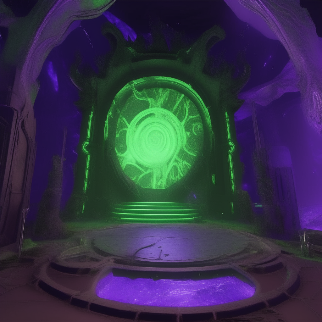Fallout 76 style nether portal, green slime science lab enclave, purple swirling energy portal vortex, Mad  scientist making nether portals