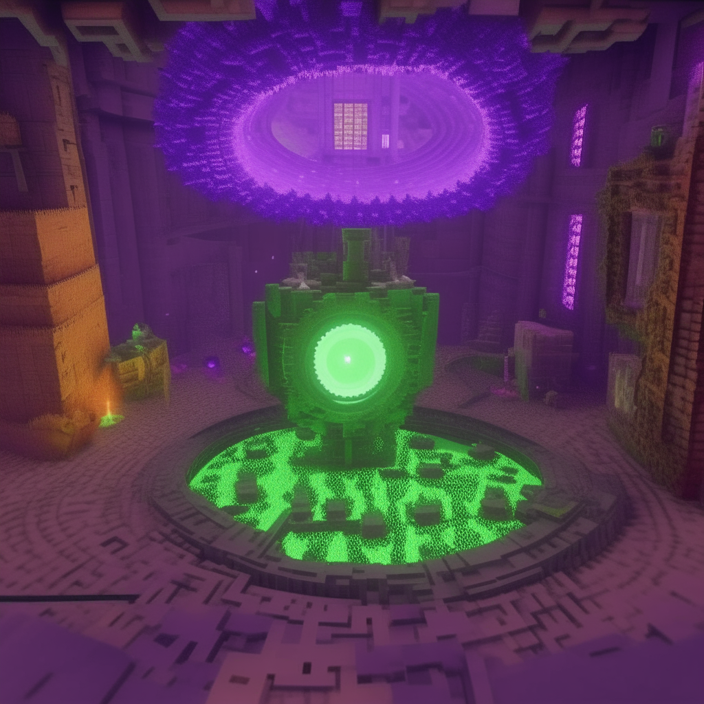 Fallout 76 style mad scientist and lab, making a nether portal, green slime science lab enclave, purple swirling energy portal, fallout 76 style science portal but with a minecraft theme textures