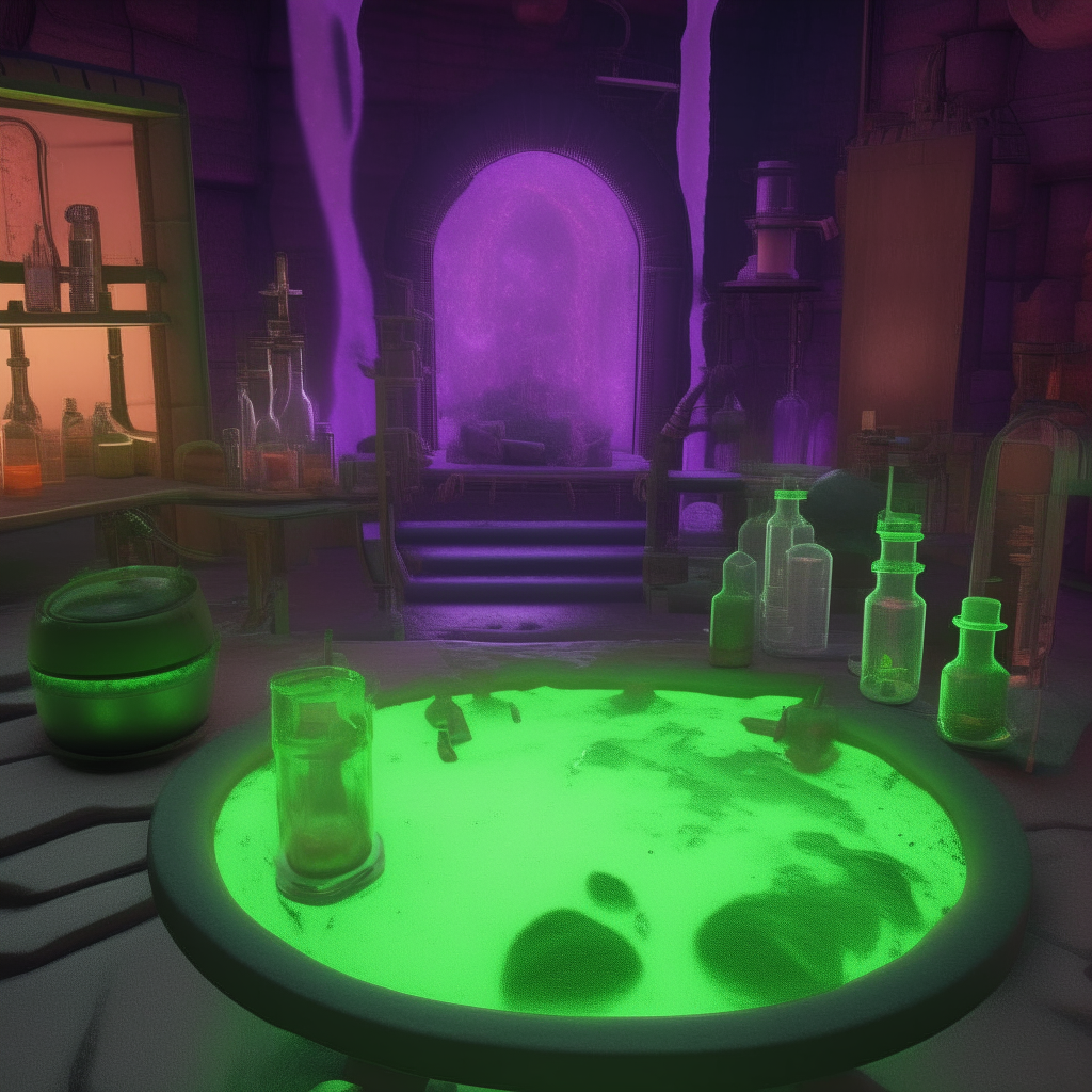 Fallout 76 style mad scientist and lab, making a nether portal, green slime science lab enclave, purple swirling energy portal, fallout 76 style science portal but with a minecraft theme textures, beakers of green slime