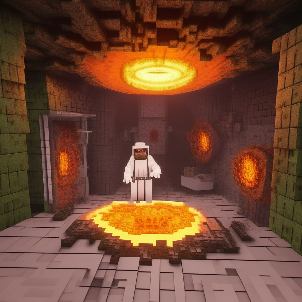 Mad scientist making a realistic minecraft nether portal in a evil science lab, fallout76 style