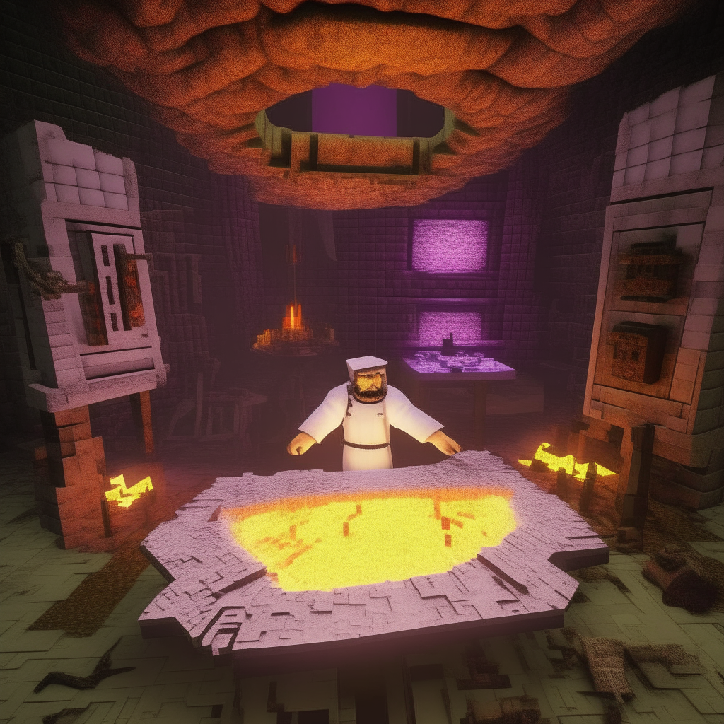 Mad scientist making a realistic minecraft nether portal in a evil science lab, fallout76 style, hoe farming tool