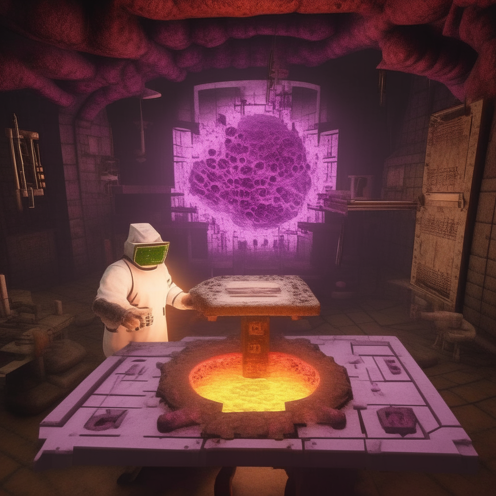 Mad scientist making a realistic minecraft nether portal in a evil science lab, fallout76 style, hoe farming tool, vapourwave style
