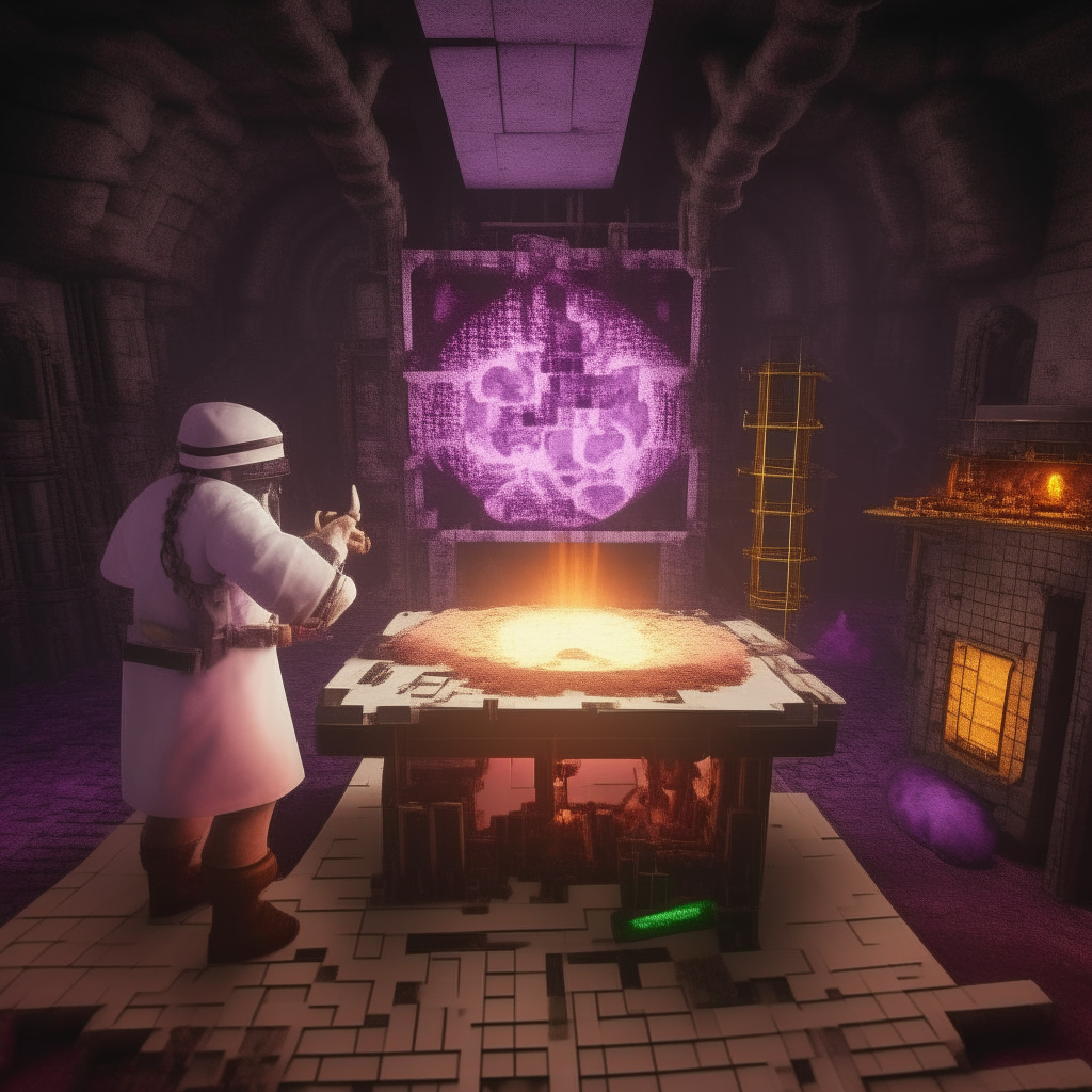 Mad scientist making a realistic minecraft nether portal in a evil science lab, fallout76 style, hoe farming tool, vapourwave style