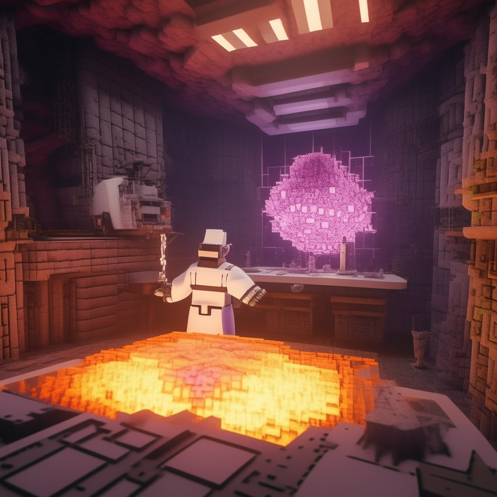 Mad scientist making a realistic minecraft nether portal in a evil science lab, fallout76 style, minecrart on rails, vapourwave style