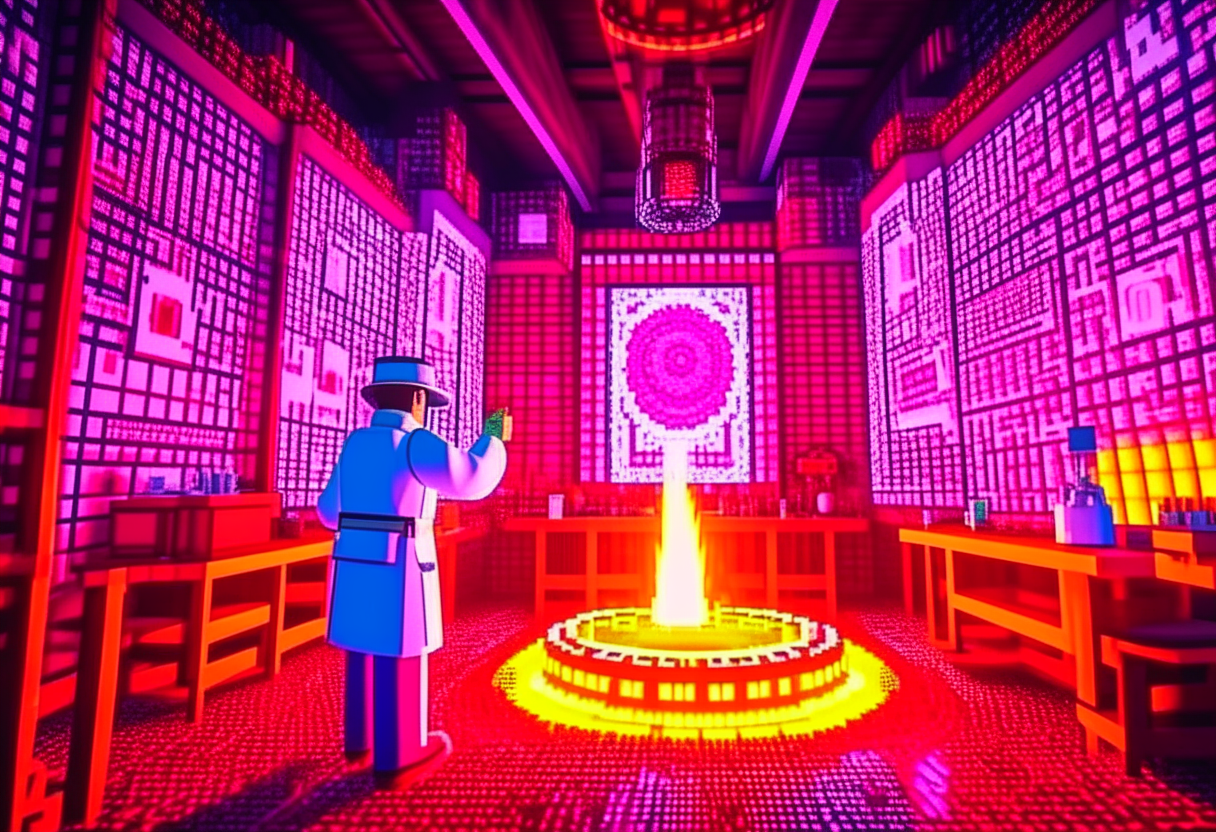 Mad scientist making a realistic minecraft nether portal in a evil science lab, fallout76 style, minecrart on rails, vapourwave style