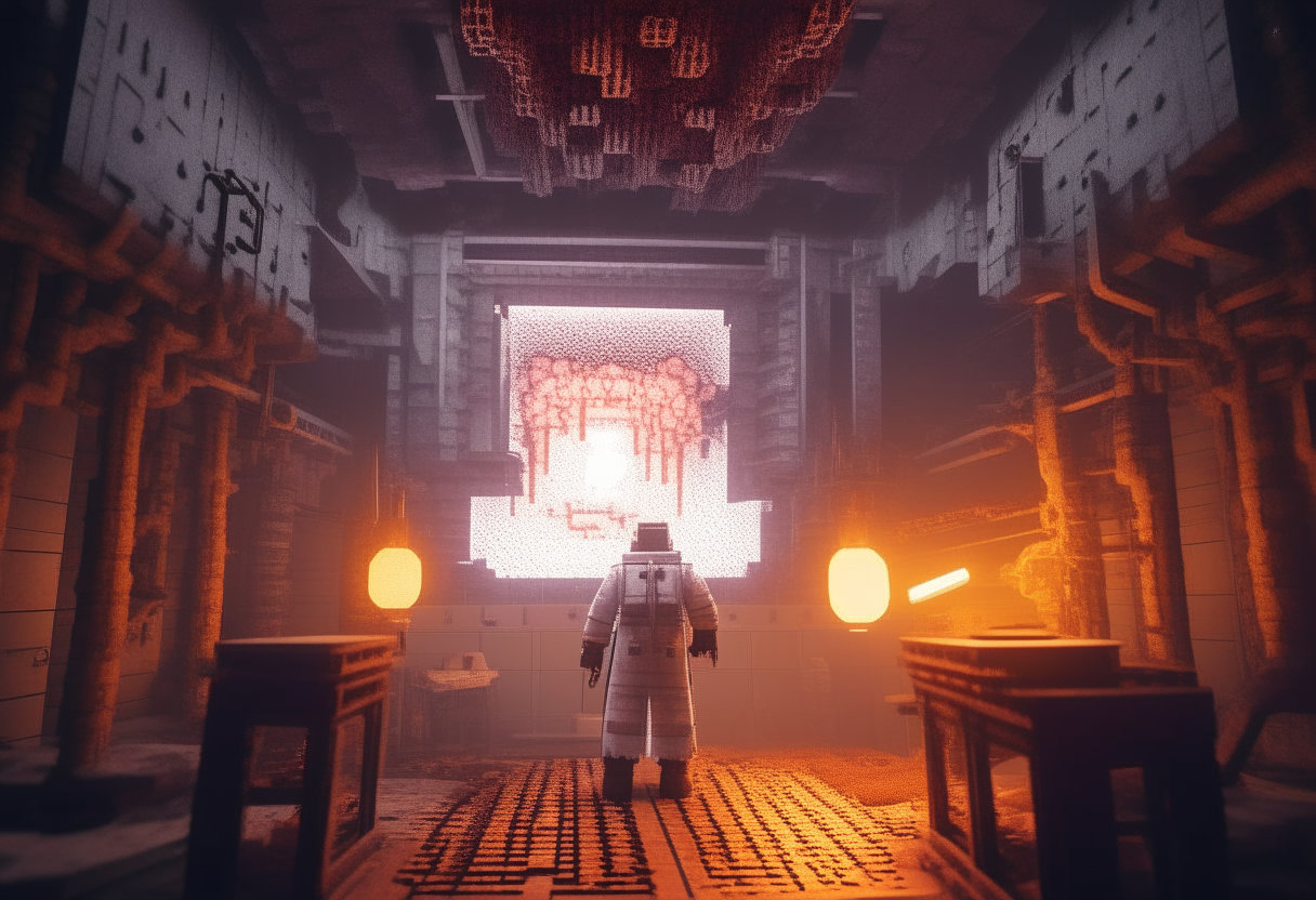 Mad scientist making a realistic minecraft nether portal in a evil science lab, fallout76 style, minecrart on rails, vapourwave style