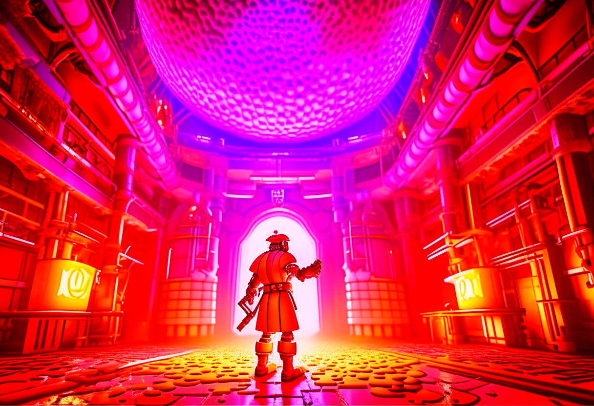 Mad scientist making a realistic minecraft nether portal in a evil science lab, fallout76 style, minecrart on rails, vapourwave style