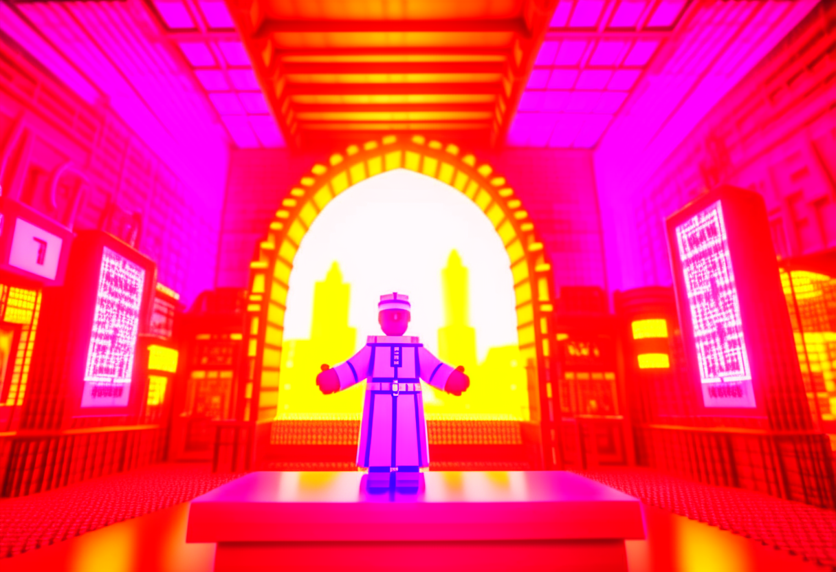Mad scientist making a realistic minecraft nether portal in a evil science lab, fallout76 style, minecrart on rails, vapourwave style
