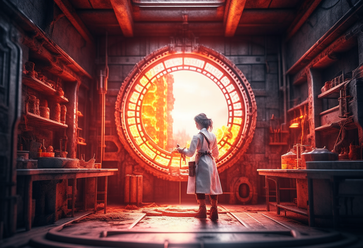 Mad scientist making a realistic minecraft nether portal in a evil science lab, fallout76 style, minecrart on rails, vapourwave style