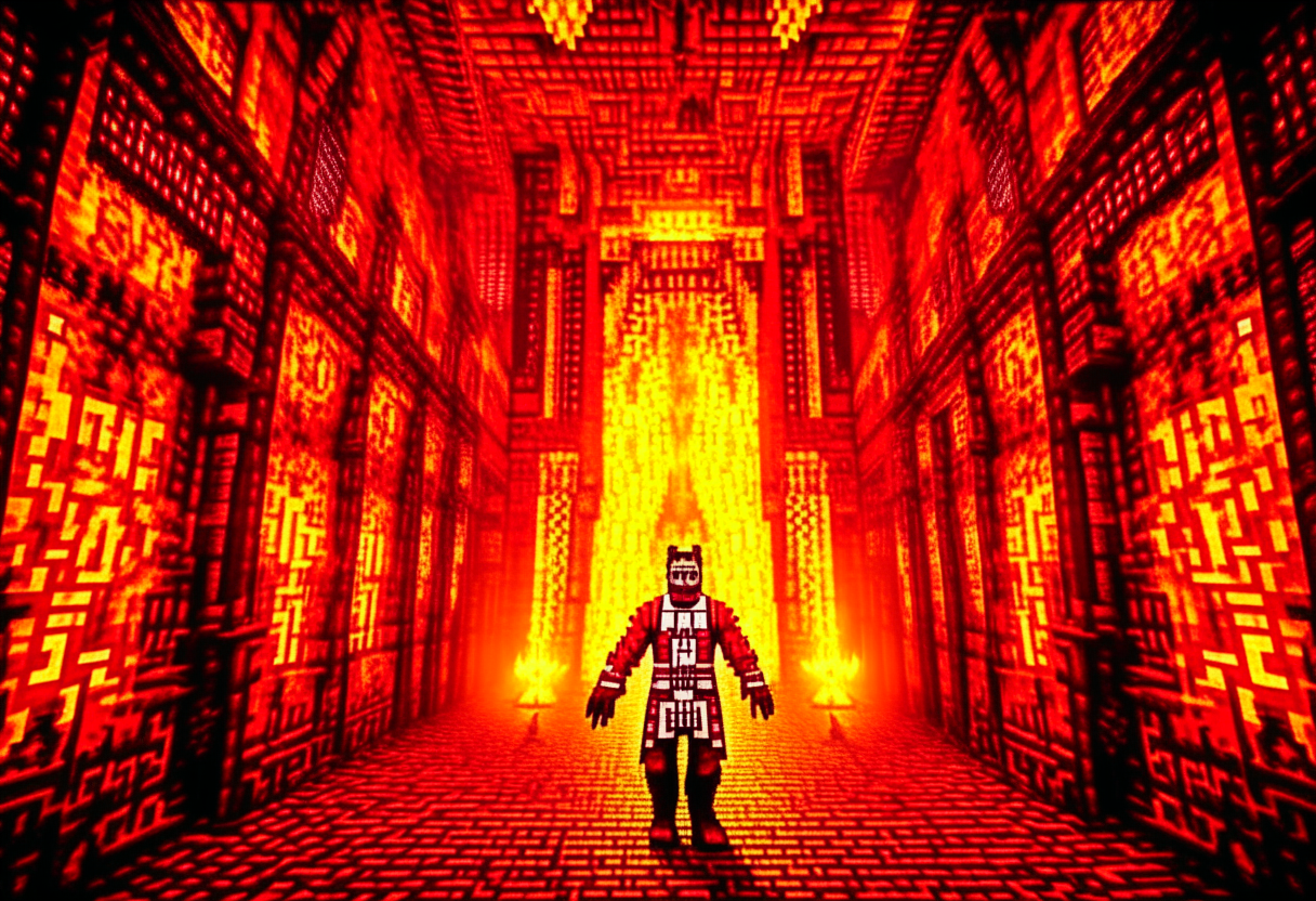 Mad scientist making a realistic minecraft nether portal in a evil science lab, fallout76 style, minecrart on rails, pop style