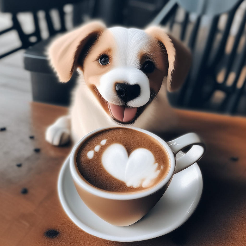 a happy puppy drinking a latte with heart-shaped foam art