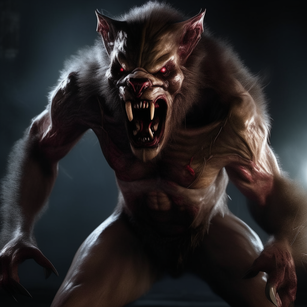 a muscular werewolf with sharp teeth and claws mid-attack, lunging to kill, detailed fur, saliva, and blood, cinematic lighting