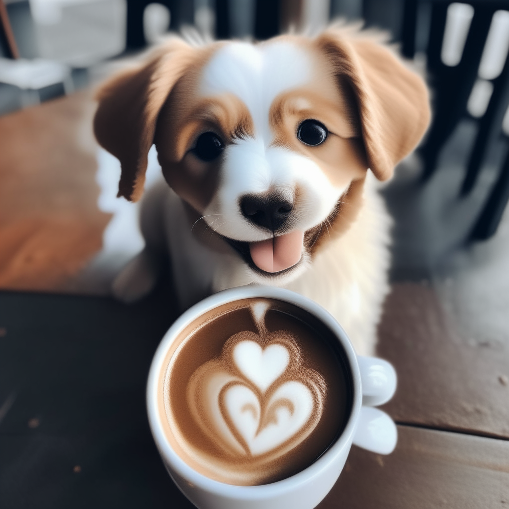 a happy puppy drinking a latte with heart-shaped foam art