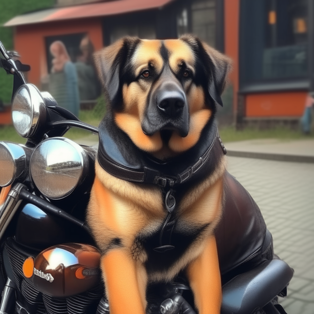 un perro pastor alemán montado en una motocicleta Harley Davidson, fotorealista