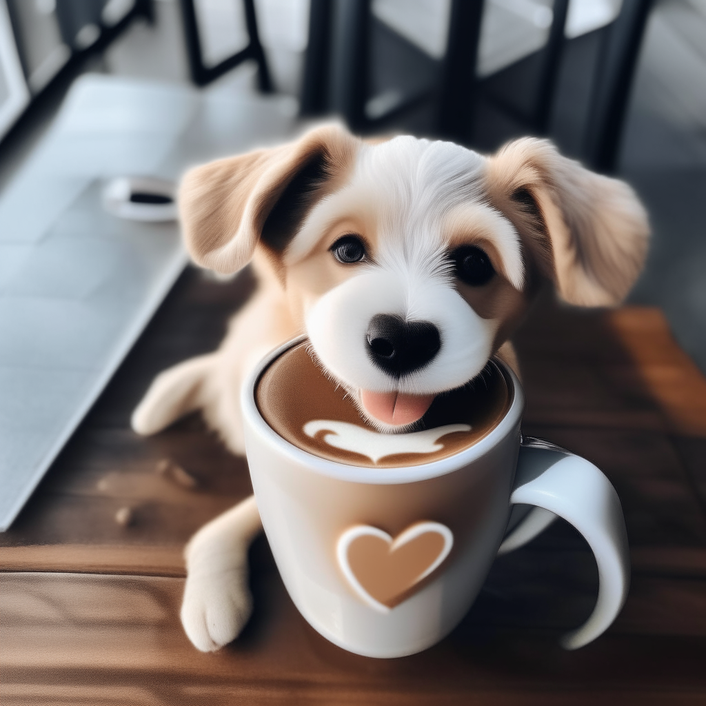 a happy puppy drinking a latte with heart-shaped foam art